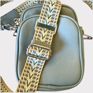 Trendy Pale Blue Triple Zip Camera Crossbody Bag with Patterned Guitar Strap